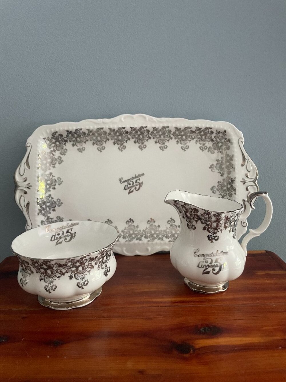 Royal Albert 25th Anniversary Cream Sugar Tray Bone China Set 3 Piece Silver